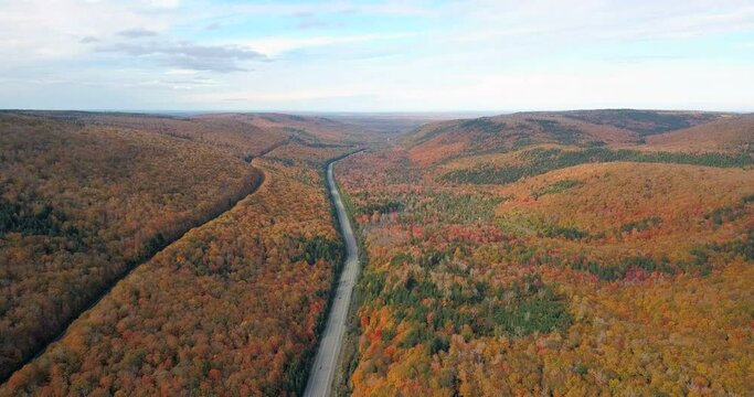 Autumn fall landscape of Wentworth valley. Aerial views of scenic highway amidst fall foliage in Nova Scotia. Drone views of fall landscape Autumn colors of Nova Scotia, Canada