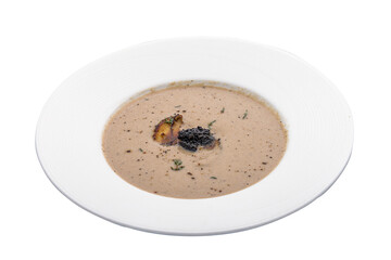 Truffle Cashew Mushroom Soup served in dish isolated on white background side view