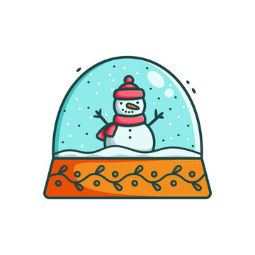 Cartoon Christmas Glass Snow Globe With Snowman Inside Vector Illustration. Colorful Flat Winter Snowball Decoration. Festive Outline Design, Holiday Greeting Card, Fun Xmas Cristal Toy Icon