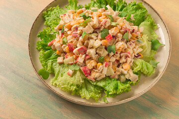 Canned corn salad, with crab sticks, top view, no people,