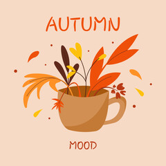 Atmospheric autumn illustration with the inscription Autumn mood. Vector template for postcard, poster, flyer, cover and social media. Trendy retro style.