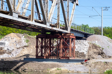 The blown up railway bridge over the Irpen River. War in Ukraine. Panorama. The city of Irpin in the Kyiv region.