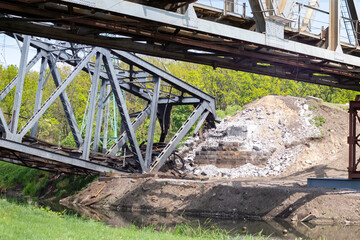 The blown up railway bridge over the Irpen River. War in Ukraine. Panorama. The city of Irpin in...