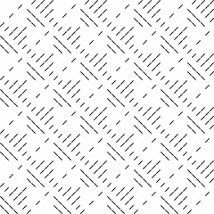 Black diagonal dashed lines abstract on white background. Seamless surface pattern design with linear ornament. Stripes and strokes motif. Image with slanted dashes. Striped paper for print. Vector.