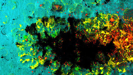 Surface with acid ink stains. Close-up of powder bright paint on surface of painted liquid. Colorful acid background art fluid with powder paints