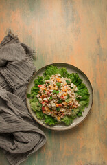 Canned corn salad, with crab sticks, top view, no people,