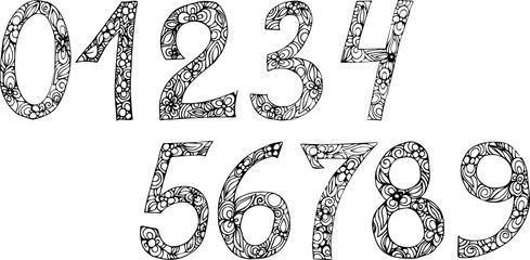 Figures drawn in vector. Numerology. Holiday decoration. Signs and symbols. Numbers from 0 to 9. Mathematics. Arabic numerals. Mathematical signs. Floral print on numbers. Multiplication.