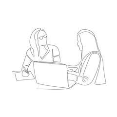 Colleague discussing vector illustration drawn in line art style