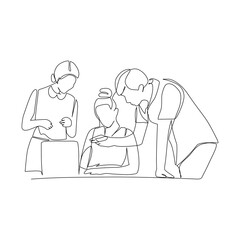 Colleague discussing vector illustration drawn in line art style