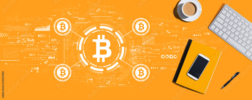 Poster bitcoin theme with a computer keyboard and office items