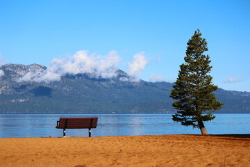 chairs, trees, lake and mountains - Lake Tahoe