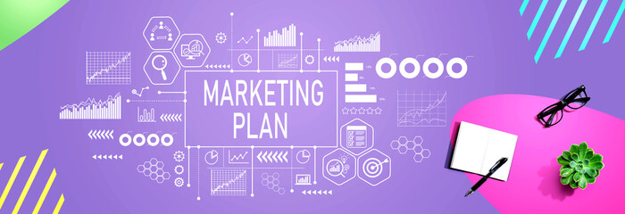 Marketing plan theme with a notebook and a pen