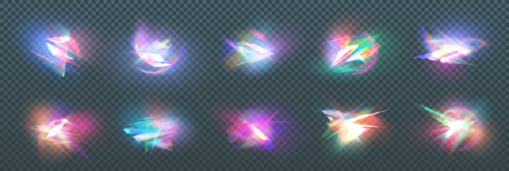 Rainbow crystal light leak flare reflection effect vector illustration. Lens colorful refraction vector set. Colorful optical rainbow lights beam lens flare leak overlay streaks on transparent dark
