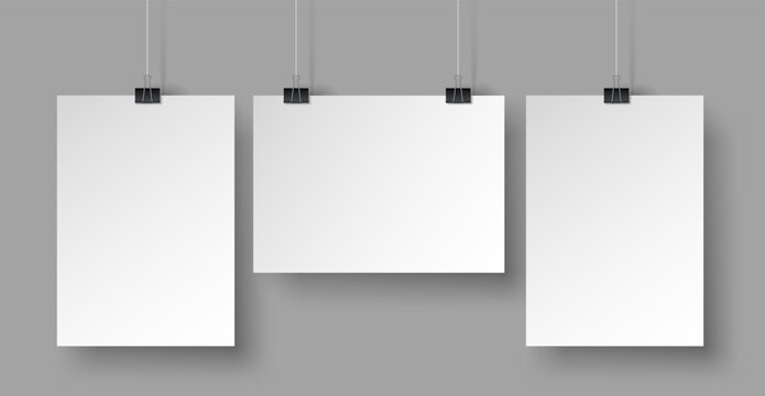White affiche blank mockup. Clean isolated wallpaper, advertising hanging banner for presentation, posters and photo canvas. Vector illustration