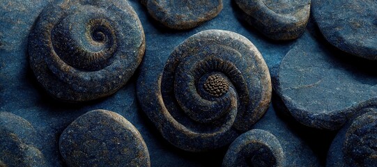 Mesmerizing lapis lazuli deep dark blue mosaic, stunning carved symbol rock art, layered ammonite spirals with sandstone brown accents. highly detailed 3d illustration rendering.     