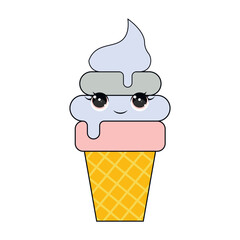 Cute ice cream isolated on white background. Kawaii style with funny face. Cartoon sweet character. Vector Illustration.