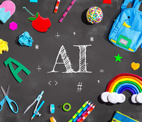 AI theme with school supplies on a chalkboard - flat lay