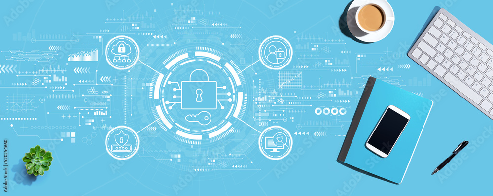 Poster data security concept with a computer keyboard and office items