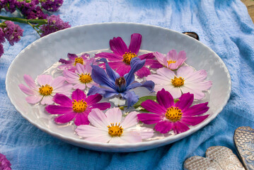 Obraz na płótnie Canvas Cosmos and clitis flowers in a bowl of water, surrounded by flowers and ceramic hearts on a blue background