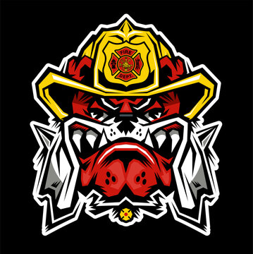 fire station bulldog mascot wearing fireman's helmet 