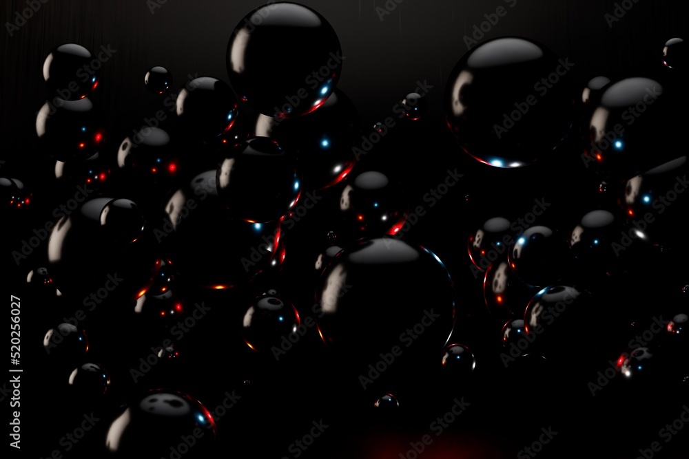 Poster abstract background. patterns of black spheres illuminated with red neon light on a black background