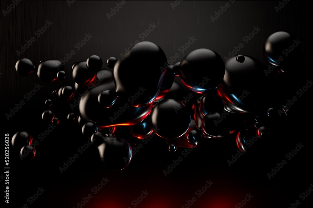 Poster abstract background. patterns of black spheres illuminated with red neon light on a black background