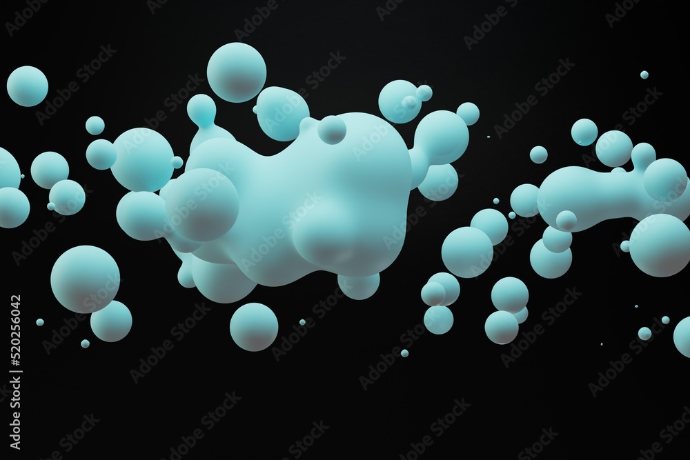 Poster abstract background. deformed fluid bubbles of turquoise color on a black background. 3d render. 3d 