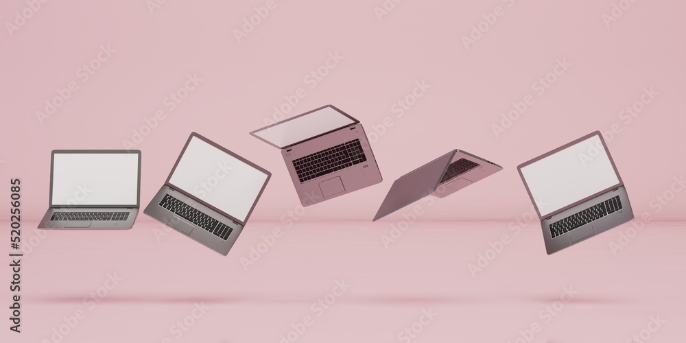 Aufkleber modern technologies. work online. patterns of laptops flying apart with shadows on a pink background