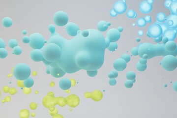 abstract background. deformed fluid bubbles of turquoise color along with yellow and white bubbles with a blue outline on a white background. 3d render. 3d illustration