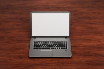 modern technologies. work online. laptop on brown wooden background. 3d illustration. 3d render