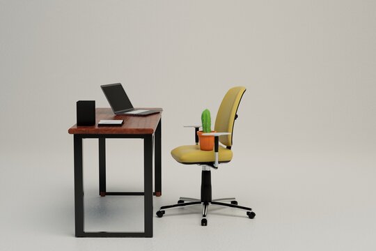 workplace. office worker. sedentary work. chair with cactus, desktop with laptop on white background. 3d illustration. 3d render