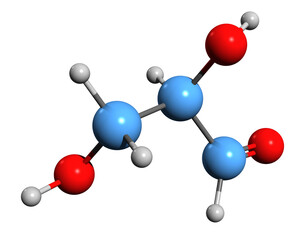  3D image of Glyceraldehyde skeletal formula - molecular chemical structure of  triose monosaccharide isolated on white background
