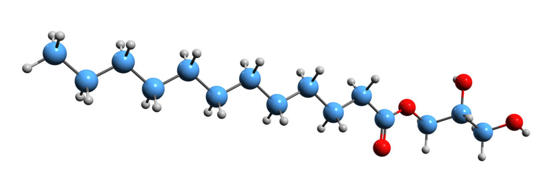  3D image of Glyceryl Laurate skeletal formula - molecular chemical structure of surfactant isolated on white background
