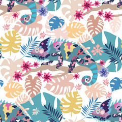 Fototapeta na wymiar Chameleon tropical art seamless pattern pattern cute vector cartoon background 
