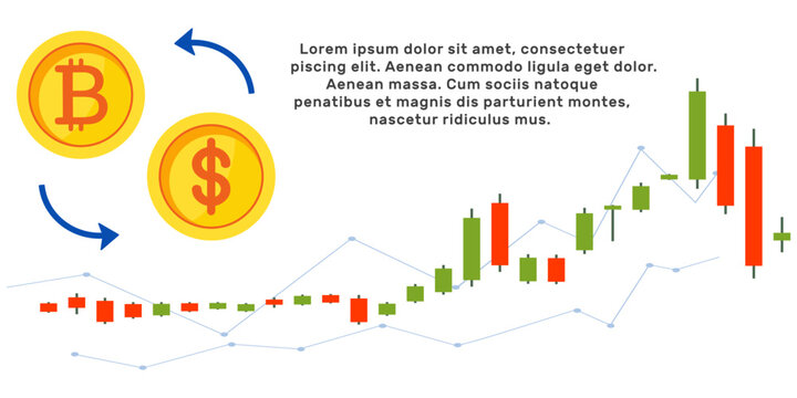 Bitcoin exchanger and analytics banner template. Currency in the future of the Internet. Stock market digital online technology chart. Cryptocurrency with golden coin Bitcoin and dollar.Digital money 