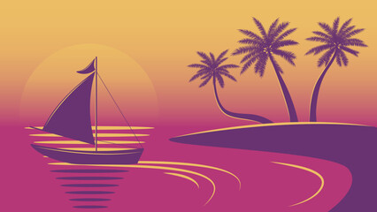 A beach with palm trees and a boat on the background of a red sunset