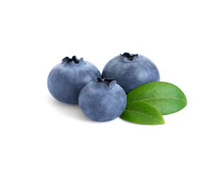 Blueberry berries with green leaves isolated on a white background. Blueberry close up.