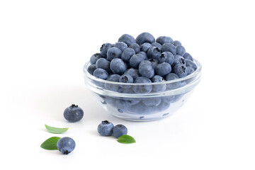 Blueberries in a bowl isolated on white background. Fresh juicy blueberries. Healthy food concept.