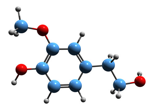  3D image of Homovanillyl alcohol skeletal formula - molecular chemical structure of  hydroxytyrosol metabolite  isolated on white background
