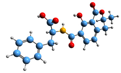  3D image of ochratoxin B skeletal formula - molecular chemical structure of mycotoxin isolated on white background
