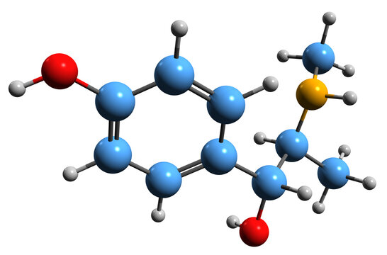 3D image of Oxilofrine skeletal formula - molecular chemical structure of  stimulant drug methylsynephrine isolated on white background
