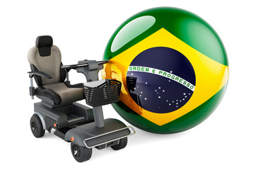 Brazilian flag with indoor powerchair or electric wheelchair, 3D rendering