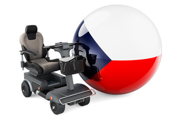 Czech flag with indoor powerchair or electric wheelchair, 3D rendering