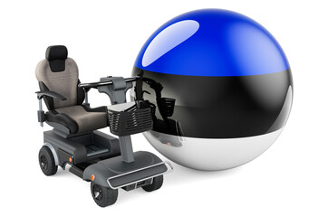Obraz na płótnie Canvas Estonian flag with indoor powerchair or electric wheelchair, 3D rendering