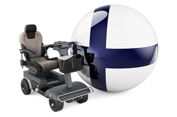 Obraz na płótnie Canvas Finnish flag with indoor powerchair or electric wheelchair, 3D rendering