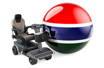 Gambia flag with indoor powerchair or electric wheelchair, 3D rendering