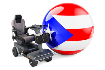 Puerto Rican flag with indoor powerchair or electric wheelchair, 3D rendering