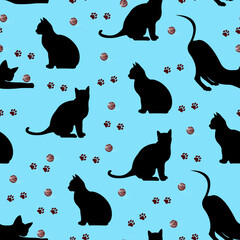 Cats. Pattern with the image of different black cats. Cat tracks.