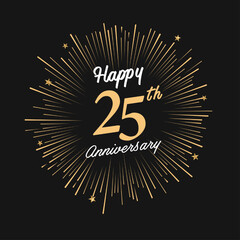 Happy 25th Anniversary with fireworks and star on dark background.