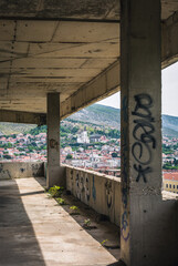 Mostar, Bosnia i Hercegovina, View from abandoned Snipertower building in Mostar. Positioning of the Sniper in the Bosnian War